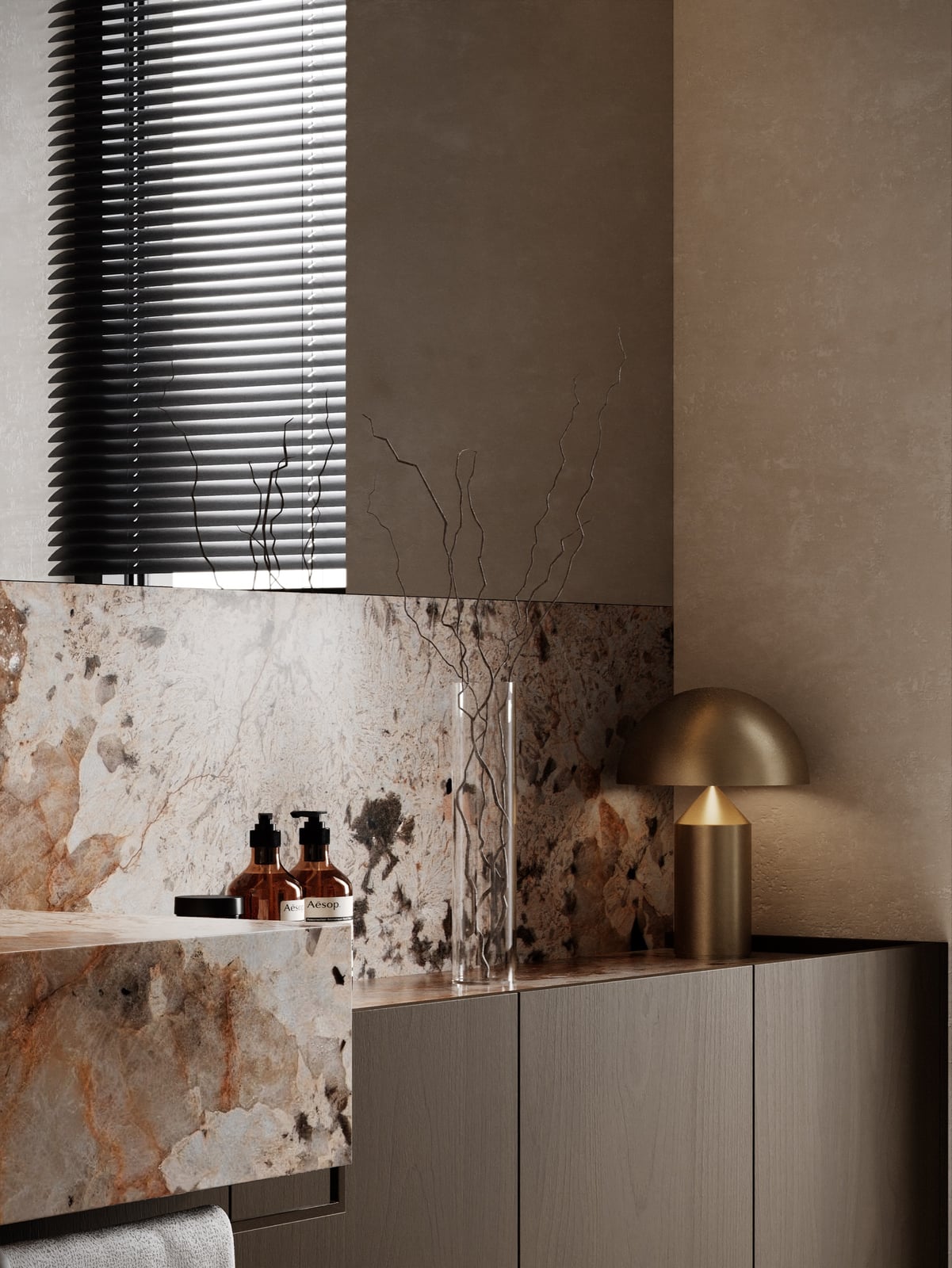 Dettaglio bagno in marmo — render d’interni